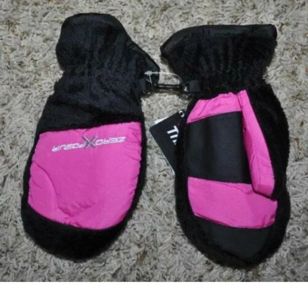 Girls Winter Ski Mittens Zeroxposur sz 4/6X Fleece Black Pink Gloves Thinsulate